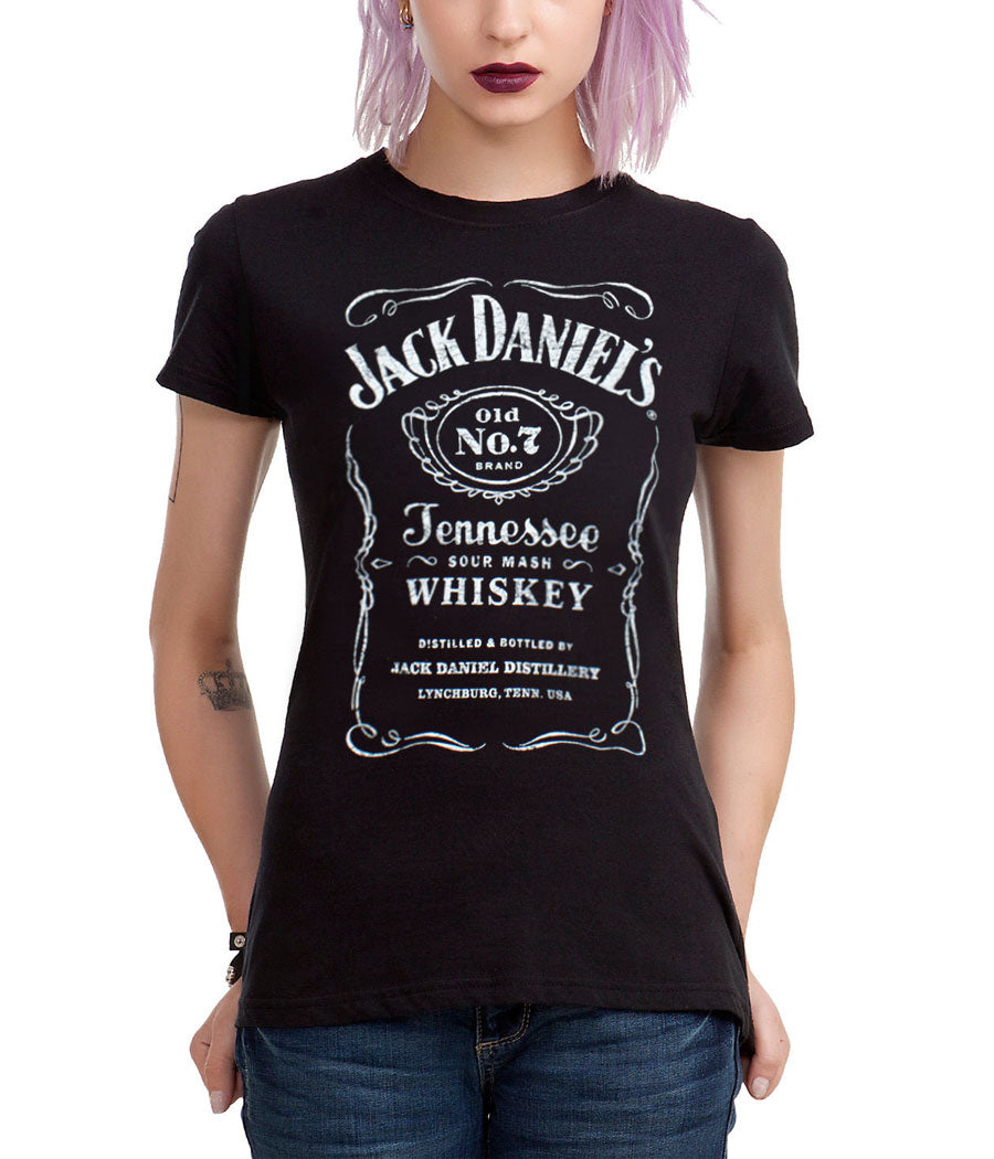 Jack Daniels Whiskey Old No. 7 Tennessee Label Junior Ladies T-Shirt