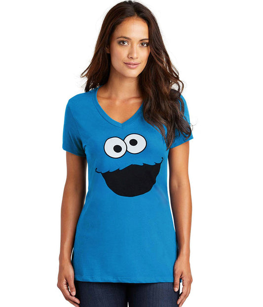 Cookie Monster Face V-Neck Junior Ladies T-Shirt